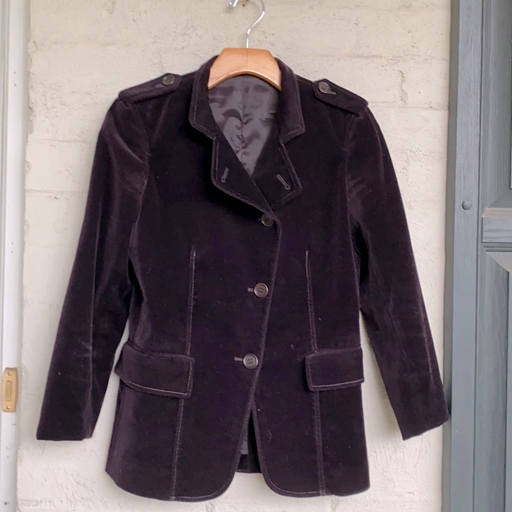 Theory size 4 purple stretch cotton velvet military style blazer